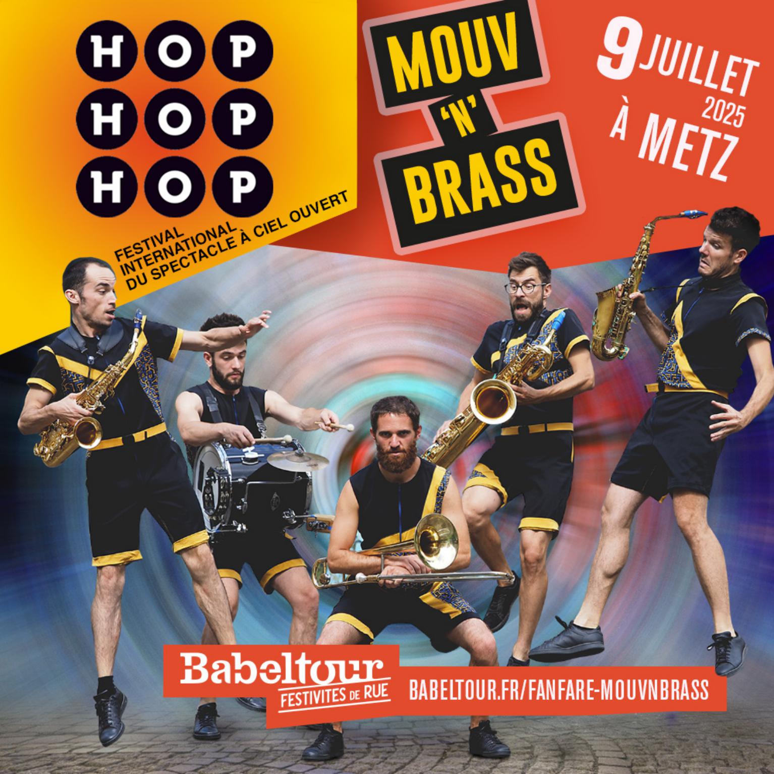 Fanfare Mouv'n'Brass au festival Hop Hop Hop 2025 à Metz et Plapeville (Moselle, région Grand Est). Musique et arts de la rue